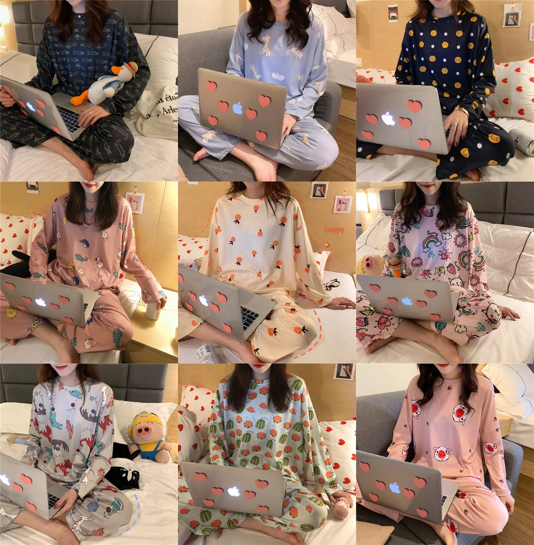 

Wholesale spring and autumn pajamas women long sleeves trousers two sets of thin milk silk home clothes