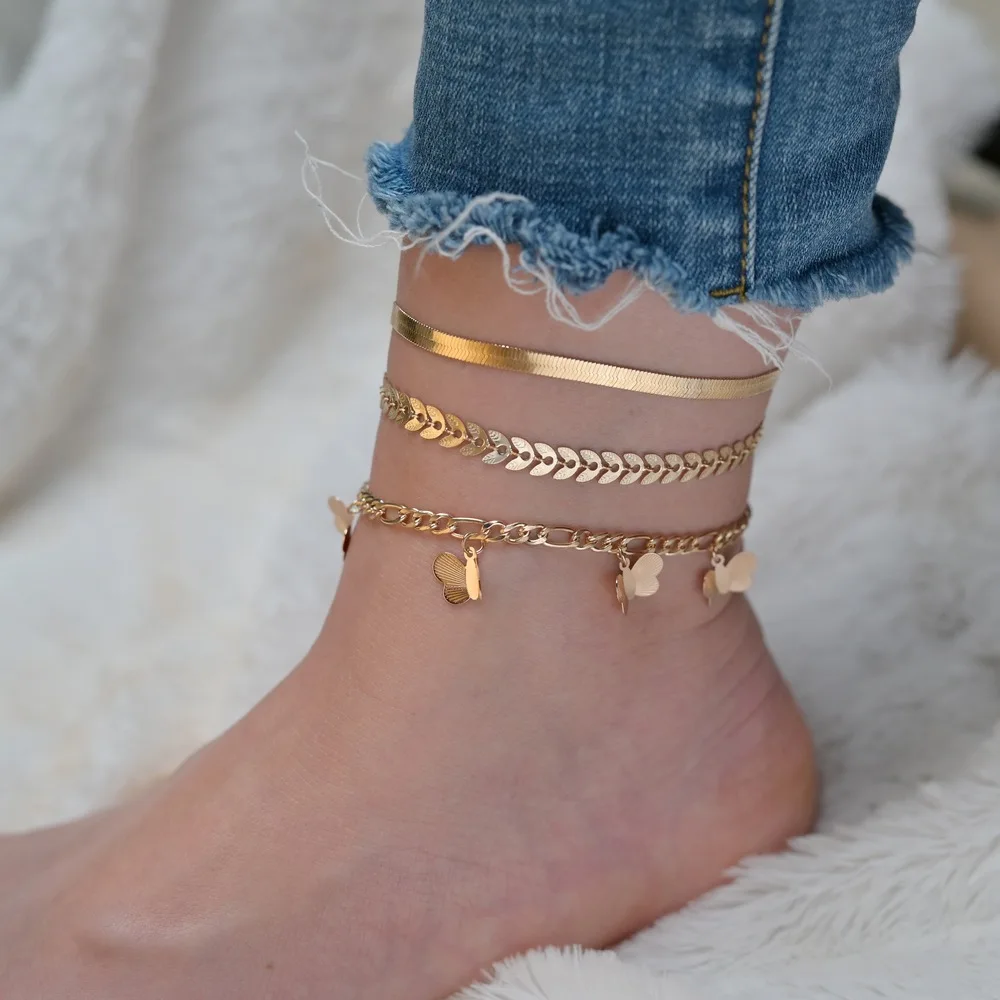 

Multilayer Gold Plated Metal Butterfly Anklet Bracelet 3 PCS Set Leaf Shape Butterfly Charms Tassel Foot Chain For Sandal