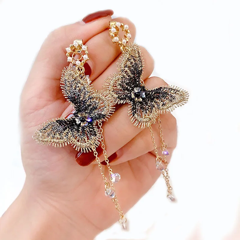 

S925 silver long butterfly pearl tassel earrings jewelry long beaded elegant pearl stud earrings for women