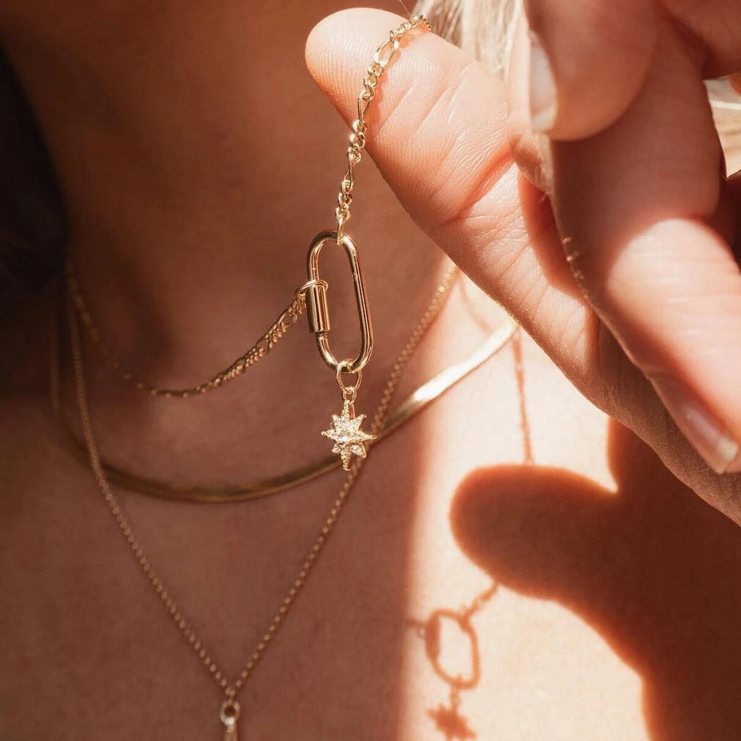 

18k gold plated new unique design fashion jewelry micro pave cz starburst charm safety pin necklace, Customized