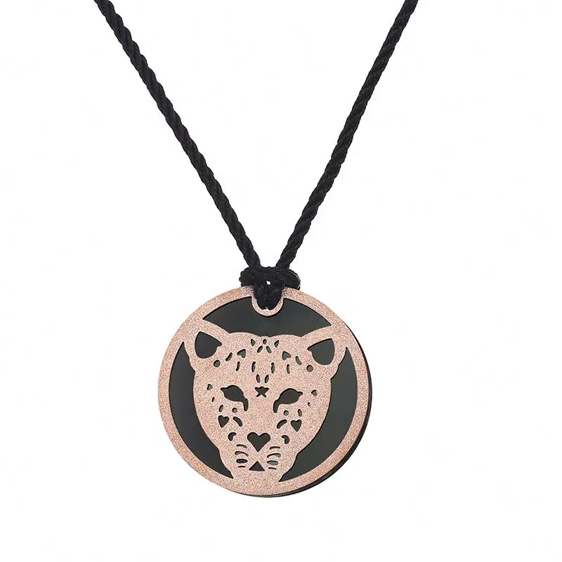 

Hot Selling Rose Gold Plated Black Rope Stainless Steel Leopard Pendant Necklace For Women