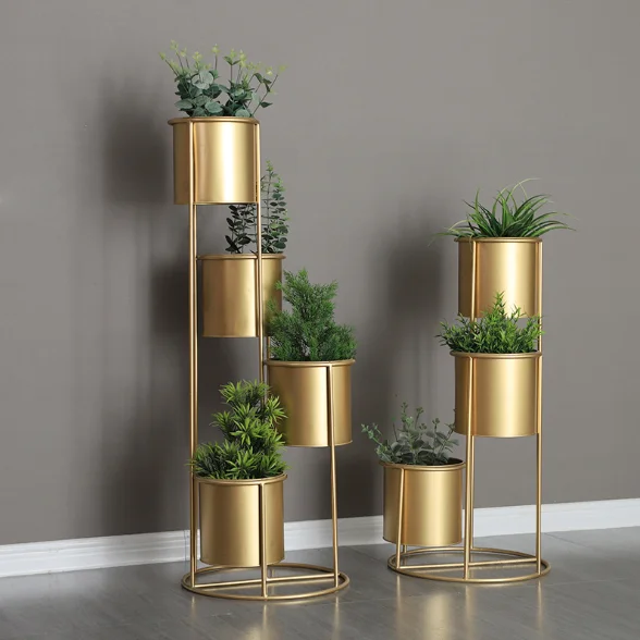

Nordic style home corner flower racks gold metal three pieces pot plant stands