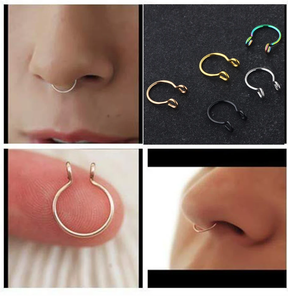 

Nose Rings Hoop Stainless Steel 20g Lip Eyebrow Ear Septum Ring Non-Pierced Clip On Sexy Body Piercing Jewelry 50pcs Mix Colors