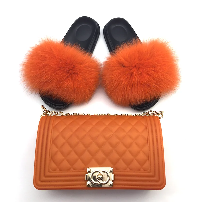 

2022 New Arrival Wholesale Summer customized small women handbag jelly purse with fox fur sandals slippers sandals matched