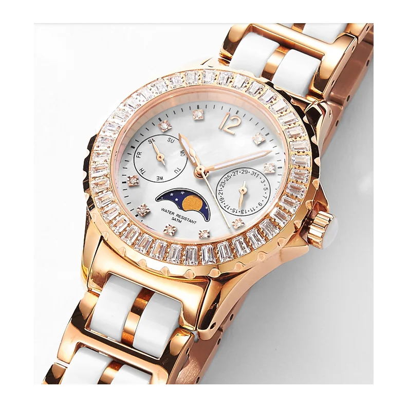 

Custom women's stainless steel ceramic band moon phase leisure quartz wristwatch