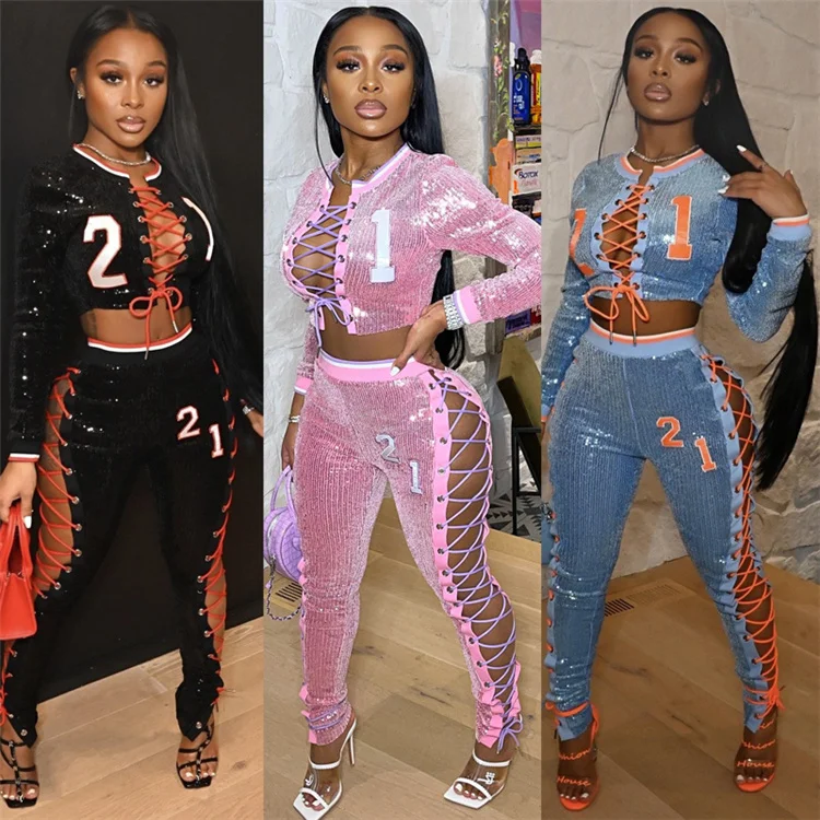 

2021 Women Outfit lace up Jogging Letter Sequin Fitness Sports Two Piece Fashion Tracksuit, Pink /black /blue