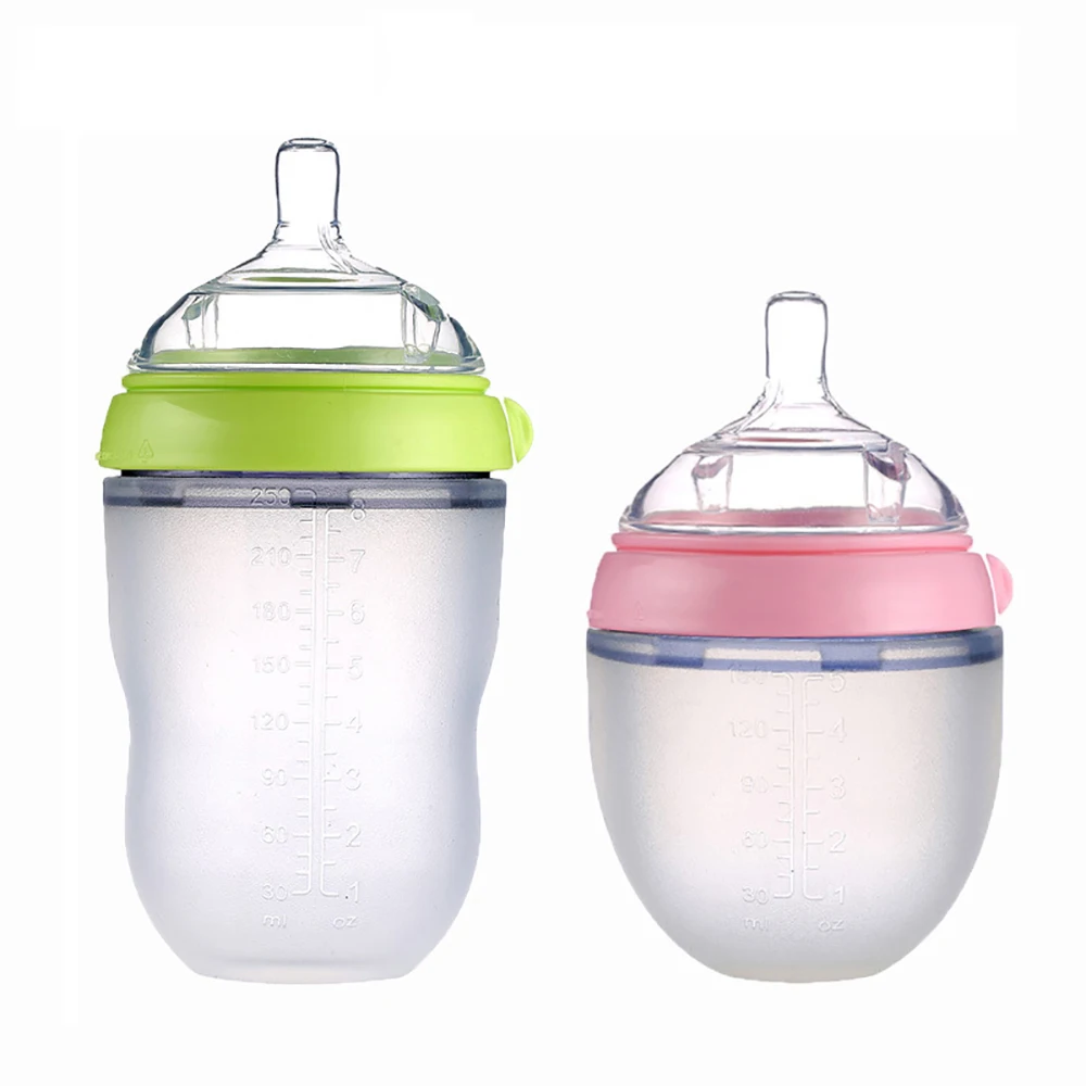 

Baby Bottle Breastmilk Wide Neck Soft Silicone Feeding Container Baby Water Bottle kids Nursing Bottles, Green.pink