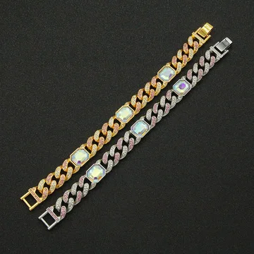 

Luxury Men Women Hip Hops Miami Cuban Chain Bracelet Geometric Square Colored Diamond Cuban Chain Bracelet