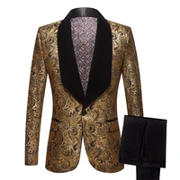 

PYJTRL Mens Two-piece Set Wedding Suits With Pants Gold Floral Pattern Prom Tuxedo Singers Costume Suit Latest Coat Pant Designs