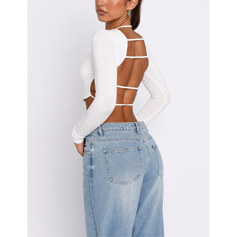 

2024 Custom Sexy Cropped Tops For Women High Quality Backless Long Sleeve Crop Top Women