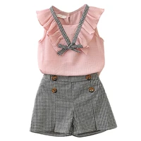 

Sleeveless striped bow tie summer new children's shirt + plaid striped shorts