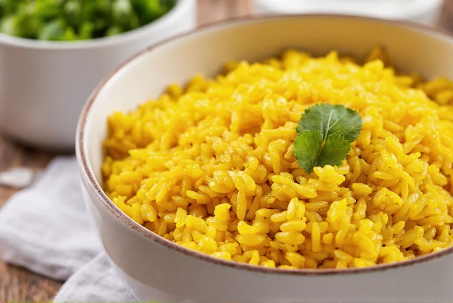 Turmeric rice served alongside grilled salmon and roasted vegetables on a ceramic plate