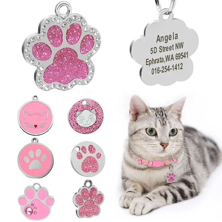 

Personalized collier chat Dog Cat Tags Engraved Cat Dog Puppy Pet ID Name Collar Tag Pendant Pet Accessories Paw Glitter Pendant, Custom color