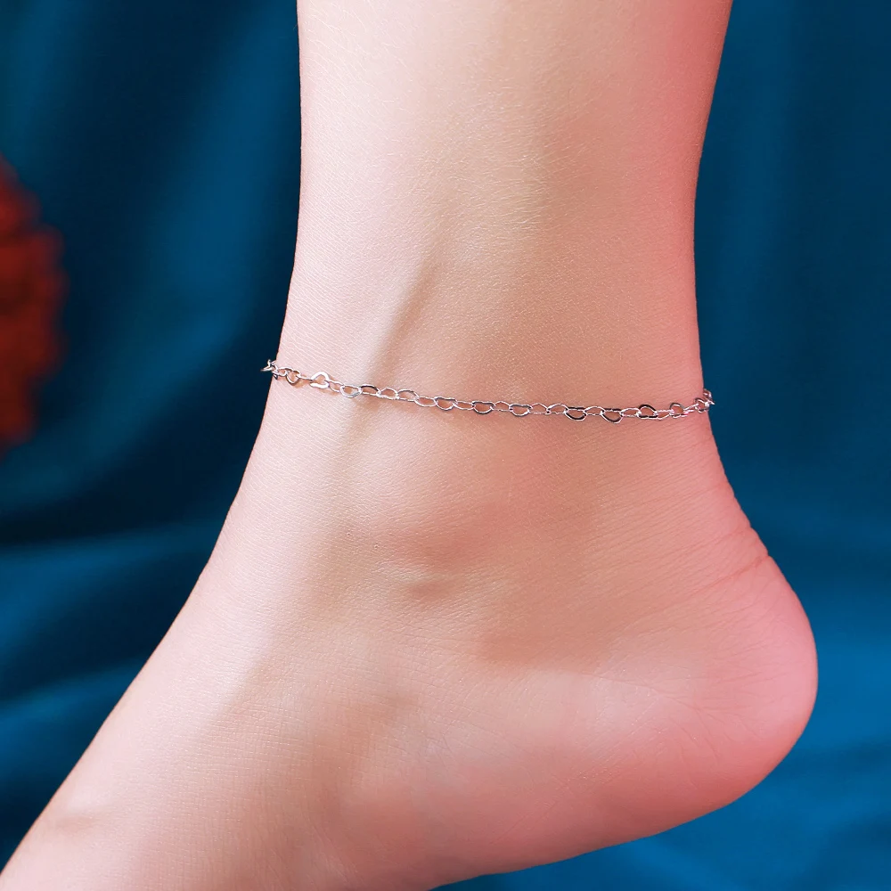New Design Rhodium Plated Heart Shaped Chain Link Pure S925 Sterling Silver Anklets for Women Summer Beach Jewelry Accessories