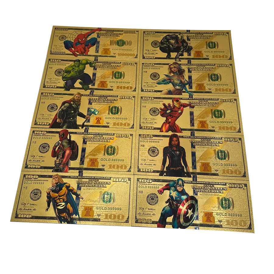 

16 Designs Movie Cartoon Gold Banknote Iron-Man Super-hero Green-Hulks Captain-America 100 America dollars Banknote Anime Cards