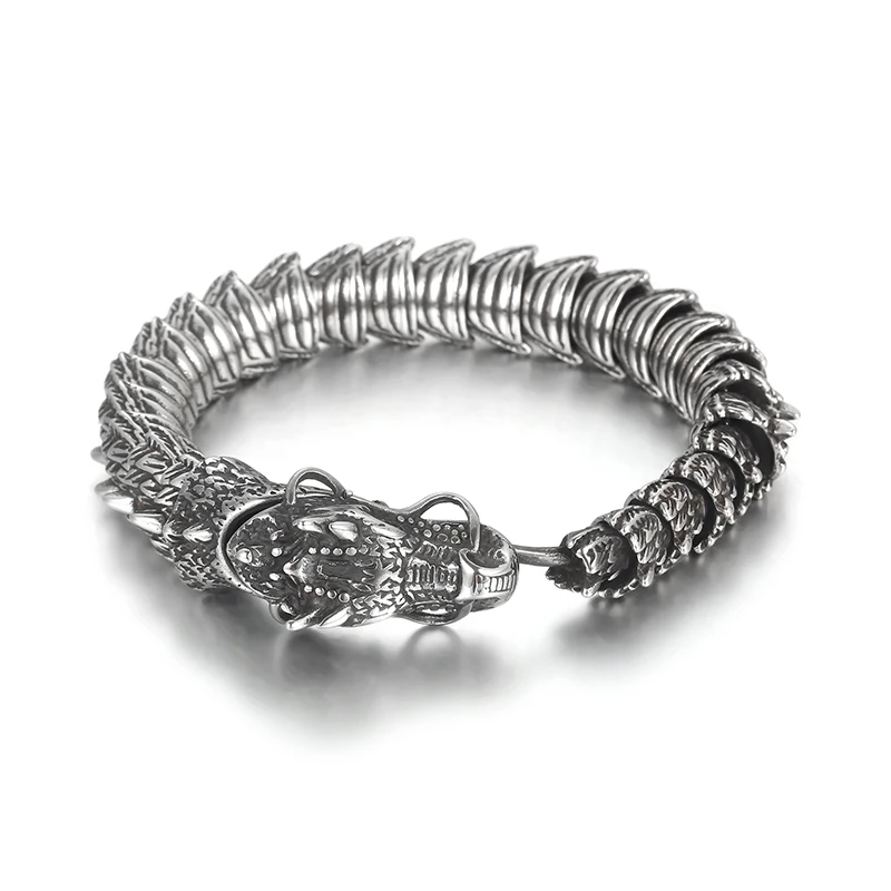 KALEN 210mm Men Punk Stainless Steel Links Bracelet With Vivid Chinese Dragon Head Clasp