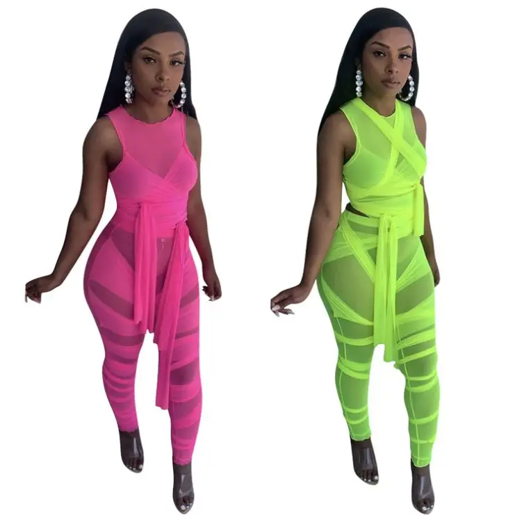 

MOEN Newest Design Mesh See Through Bandage Crop Top And Leggings Summer Sets Sexy Women Club 2 Piece Two Piece Pants Set