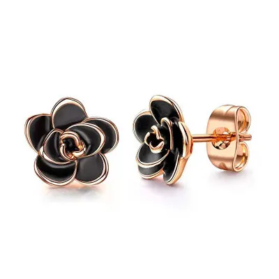 

Trendy Dainty Gold Plated Black Rose Flower Stud Earrings for Women
