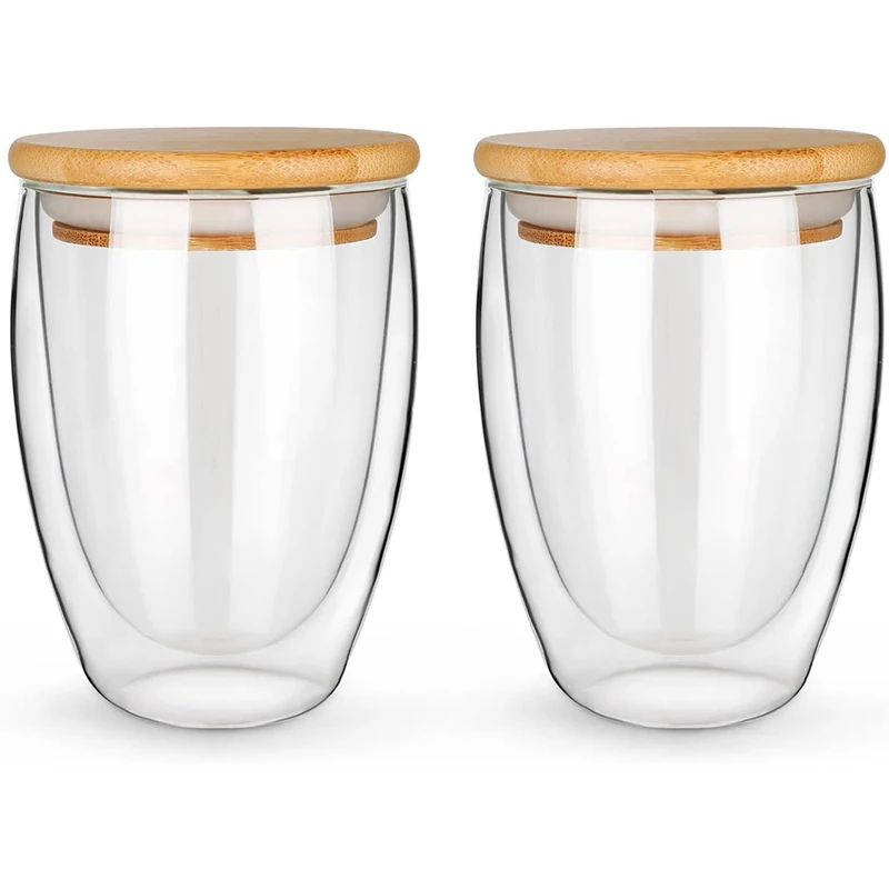 

12oz 350ml Tea Cups Heat Resistance Borosilicate Double Wall Glass Cup with Bamboo Lid, Clear or custom