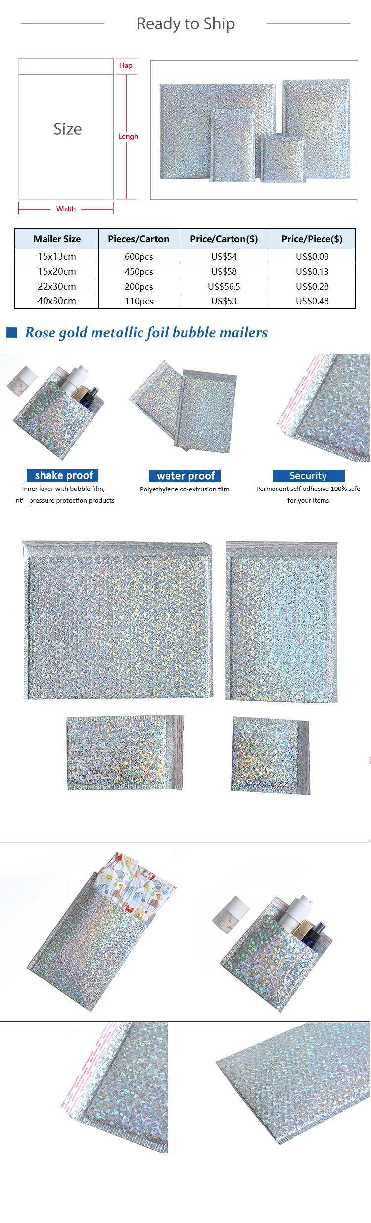 Holographic Bubble Envelope Mailing Bags Rainbow me<em></em>tallic Poly Holographic Shipping Packaging Bubble Mailers