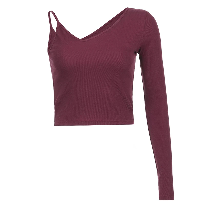 

Sexy V Neck Ribbed Knit Women Shirt Cotton 100% 240GSM Off the Shoulder T-shirts