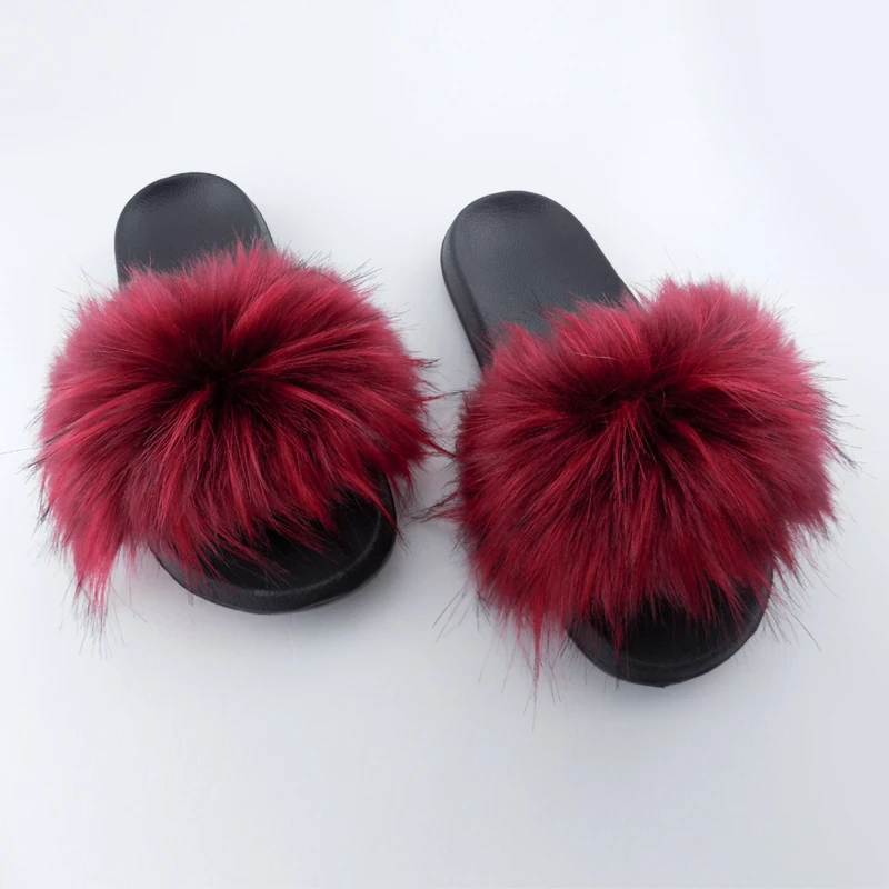 

Fluffy faux fur slides slipper cheap fur slides for women, Red,blue ,green ,orange ,brown and so on