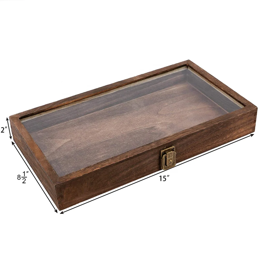 Large Natural Wood Jewelry Display Case Tempered Glass Top Lid Security Lock New 