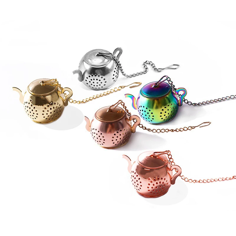 

Kitchen Business Office Stainless Steel Tea Pot Strainers Mesh Filters Tea Strainer Dish Plate Base Tea Infuser with Chains, Sliver gold