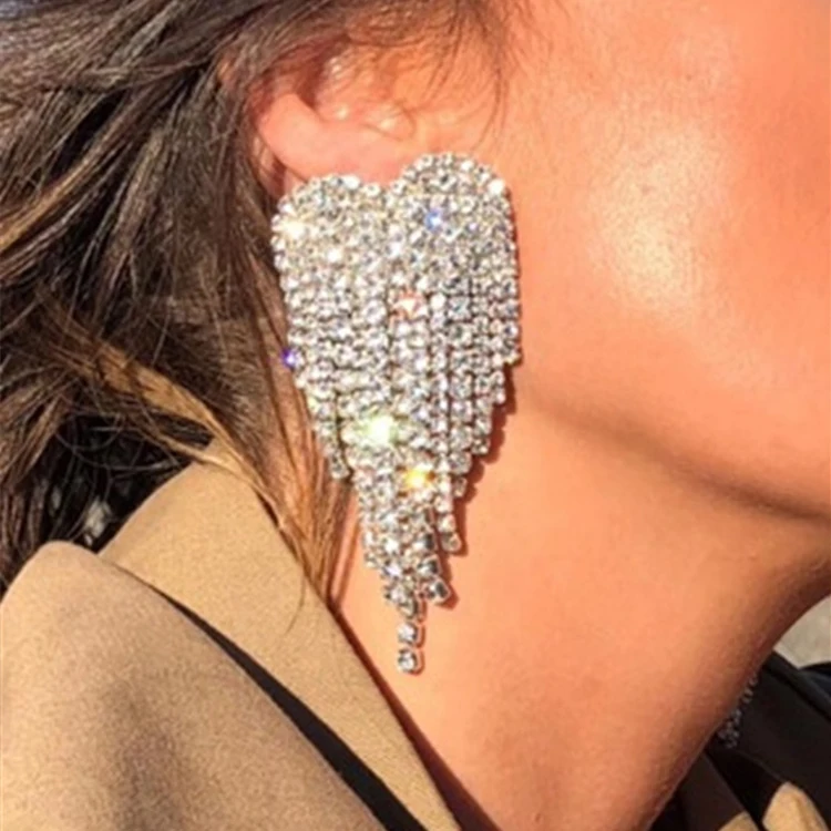 

2020 Hot Selling Heart Shape Rhinestone Dangle Earrings Heart Tassel Earring, Picture