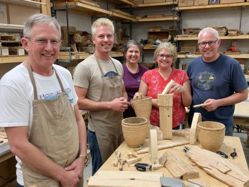 Group of adults smiling while building wooden planters in workshop