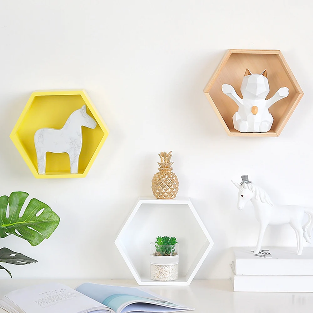 

Creative lattice hexagonal frame wooden wall shelf living room wall hanging