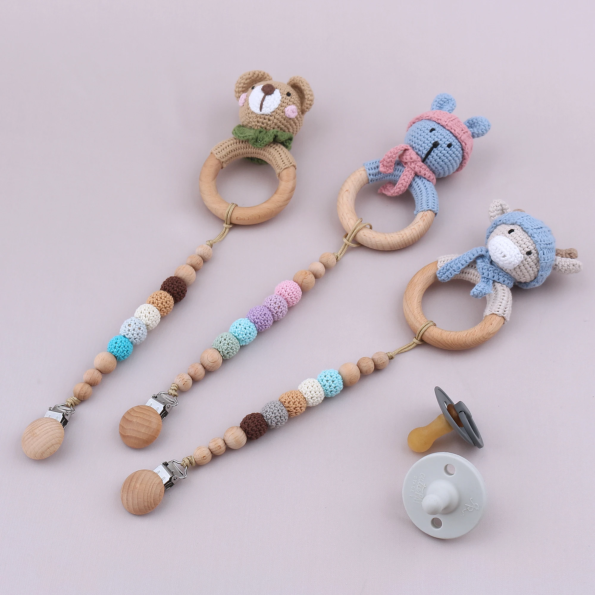 

Feeding Colorful Crochet Wooden Beads Baby Pacifier Clips Wood Baby Pacifier chain, As photos