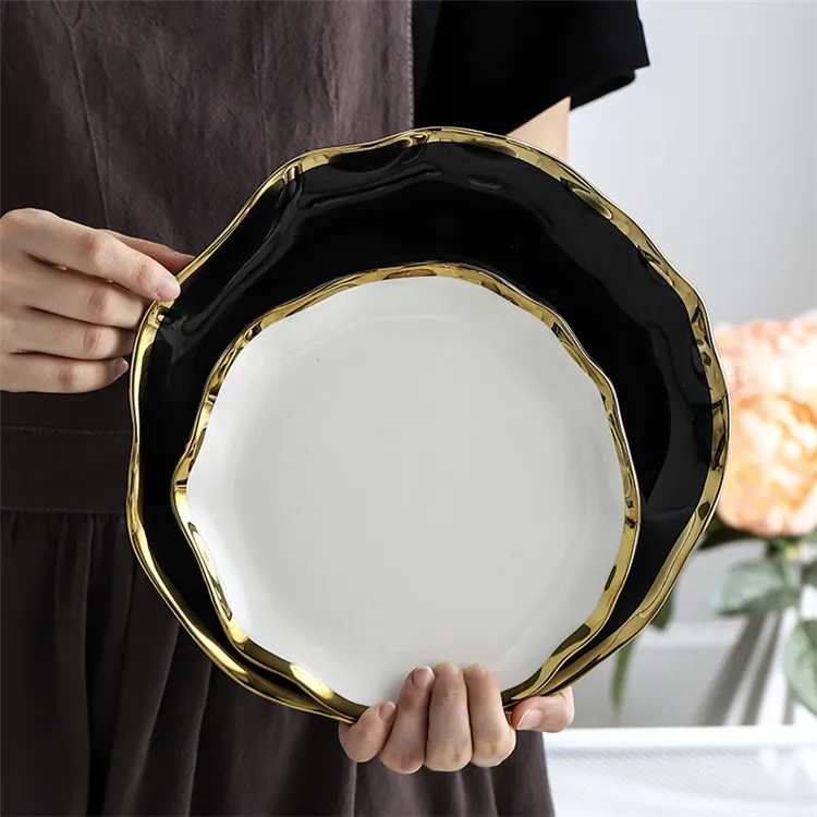 

Hot Sale Tableware Eco Friendly Dessert Plate Gold Rim Restaurants Ceramic Dinning Plates, Customized color