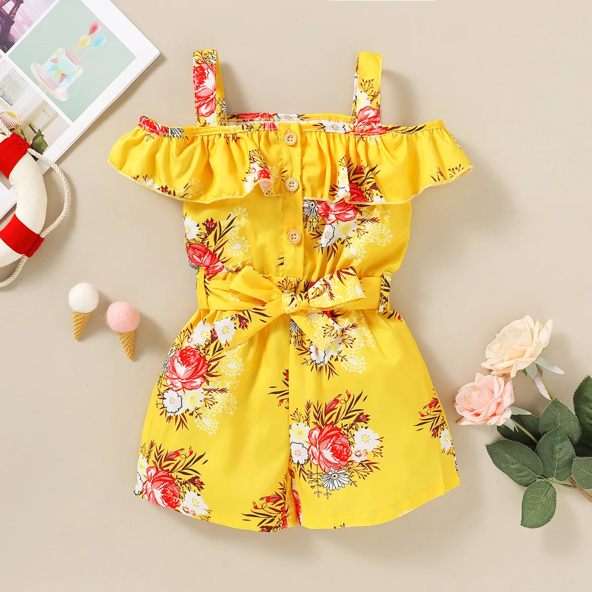 

Factory Price Custom Floral Printed Kids Jumpsuit Sweet Clothes Bodysuit Ruffle Girls Casual Sleeveless Leg Kids Jumpsuit