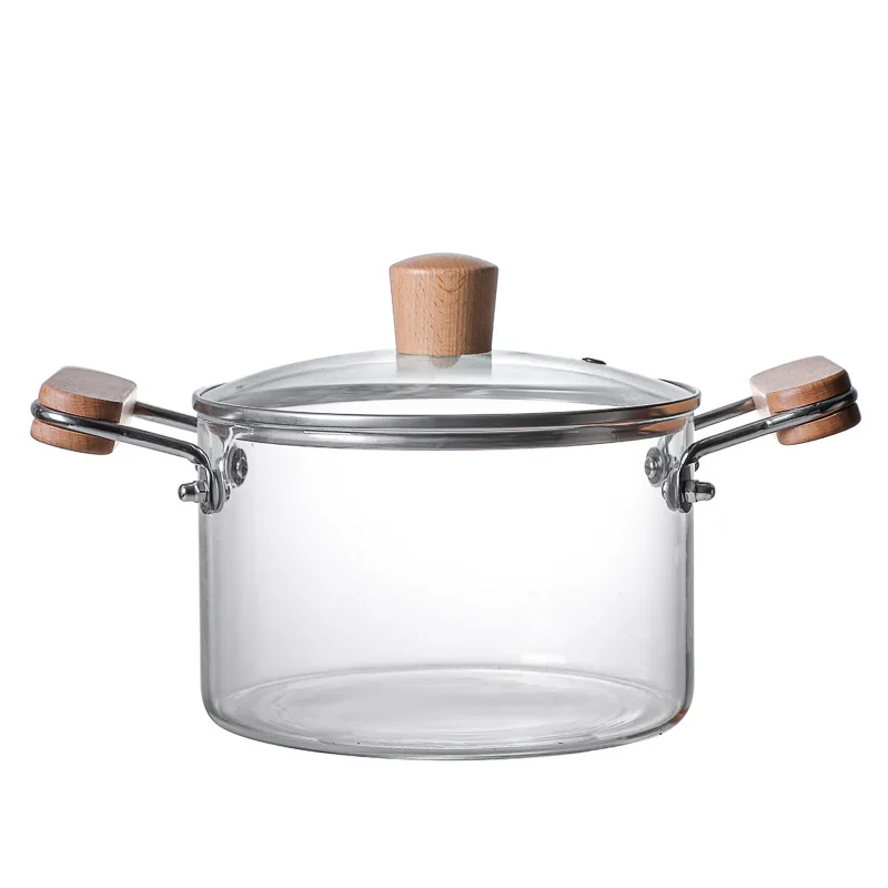 

Heat resistant Glass kitchen casseroles cookware pyrex glass cooking pots in glass to cook with wooden lid, Transparent