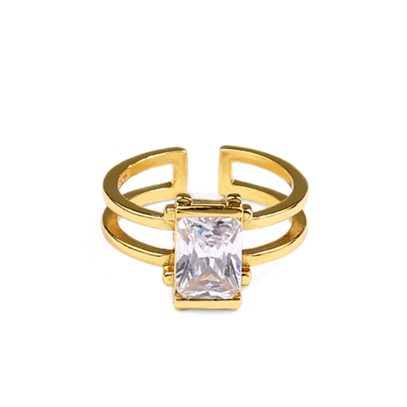 

Korean Style Ins 24K Gold Plated Double Layer CZ Open Rings Shiny Hollow Square Cubic Zircon Finger Rings For Wedding Engagement