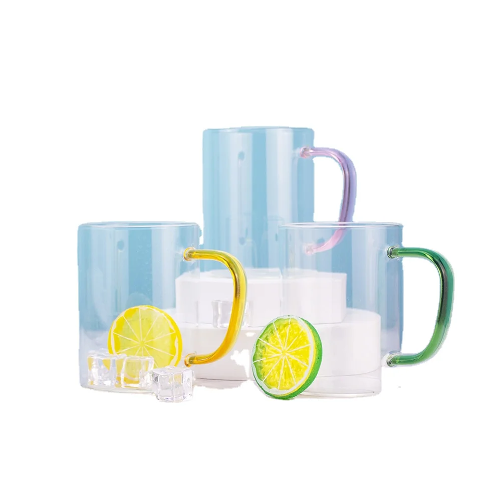 

Color Handle Customized 11OZ Sublimation Blanks Glass Beer Mugs Ceramic Sublimation Shot glass, Transparent, yellow, pink, light green, dark green, royal blue