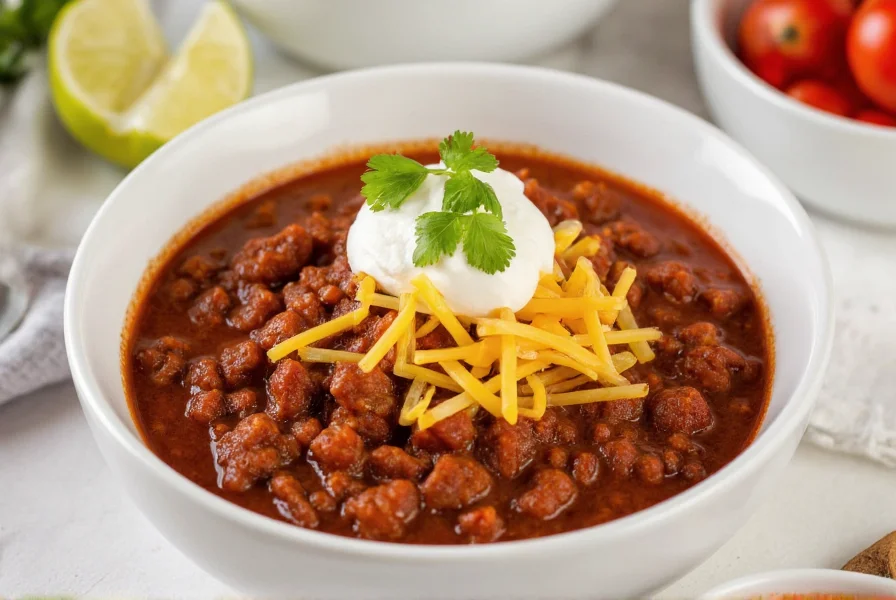 Perfectly textured chili in white bowl with toppings: sour cream, shredded cheese, and fresh cilantro