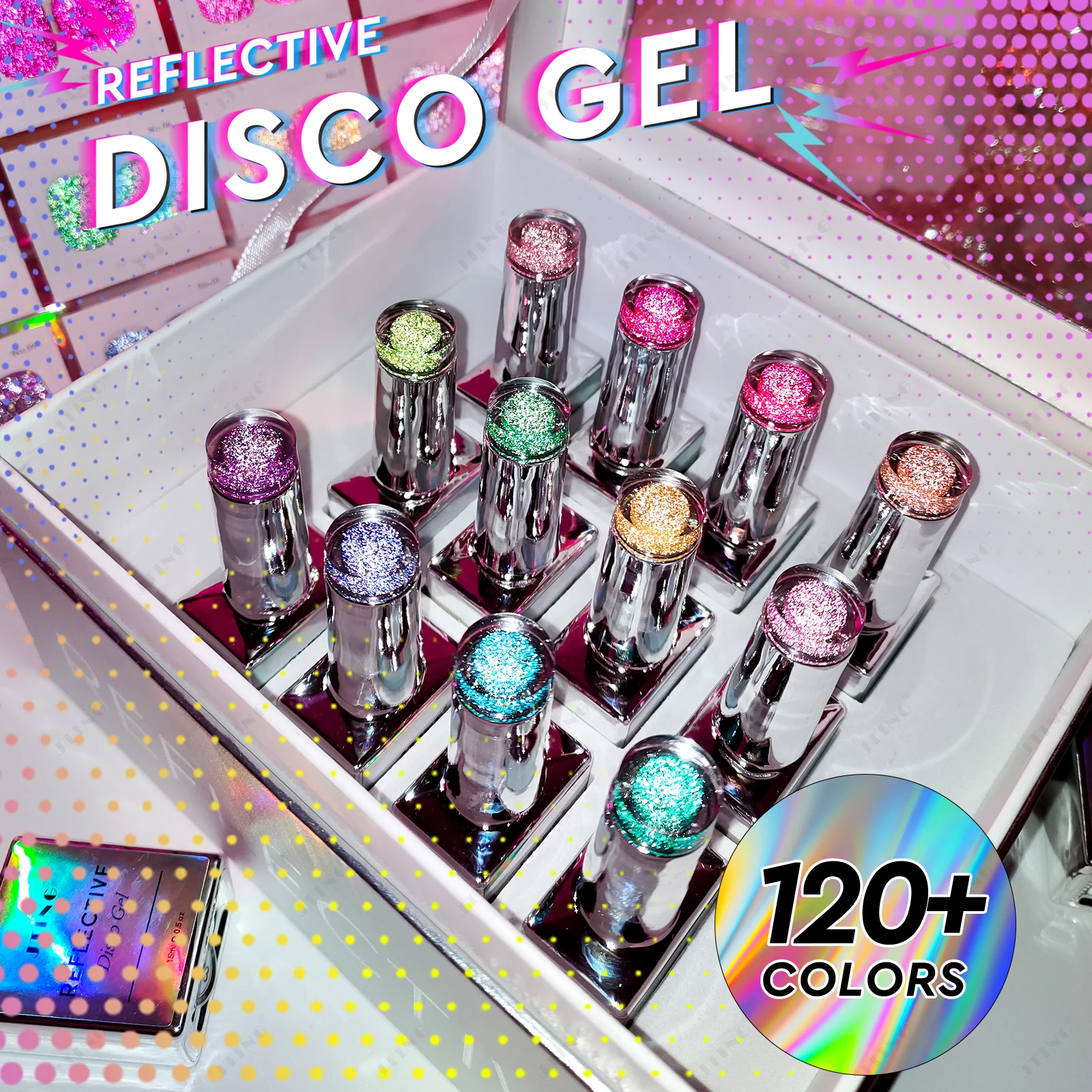 

JTING Festival Hot Sale 12colors reflective disco gel polish collection Unique Laser set box OEM gel nail polish supplies