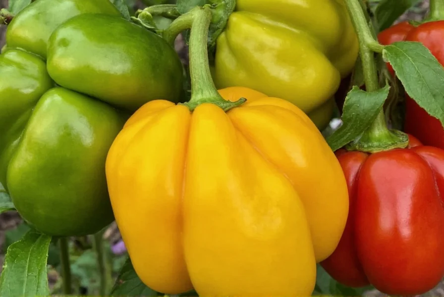 Close-up view of gypsy bell peppers showing their characteristic crinkled skin and color variations from green to yellow to red on the same plant