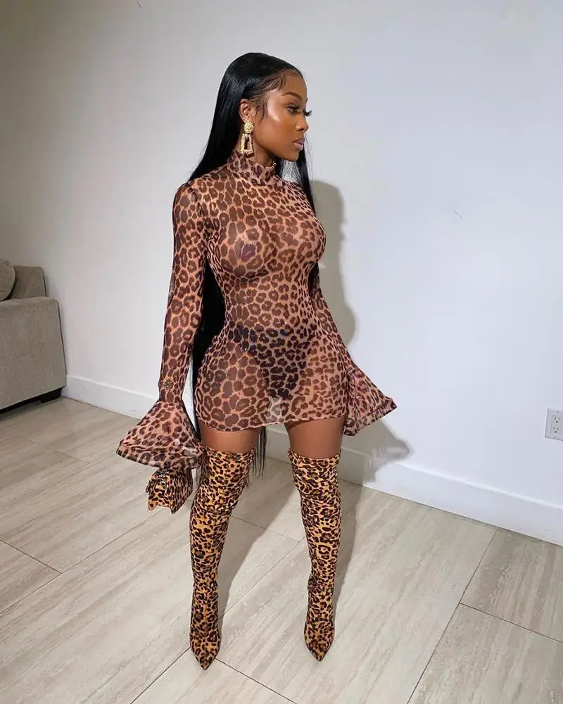 

Wholesale Leopard print perspective skirt Ladies Long Flare Sleeve Mini Dress Women Clothes Hot Night Club sexy bodycon dress, Brown