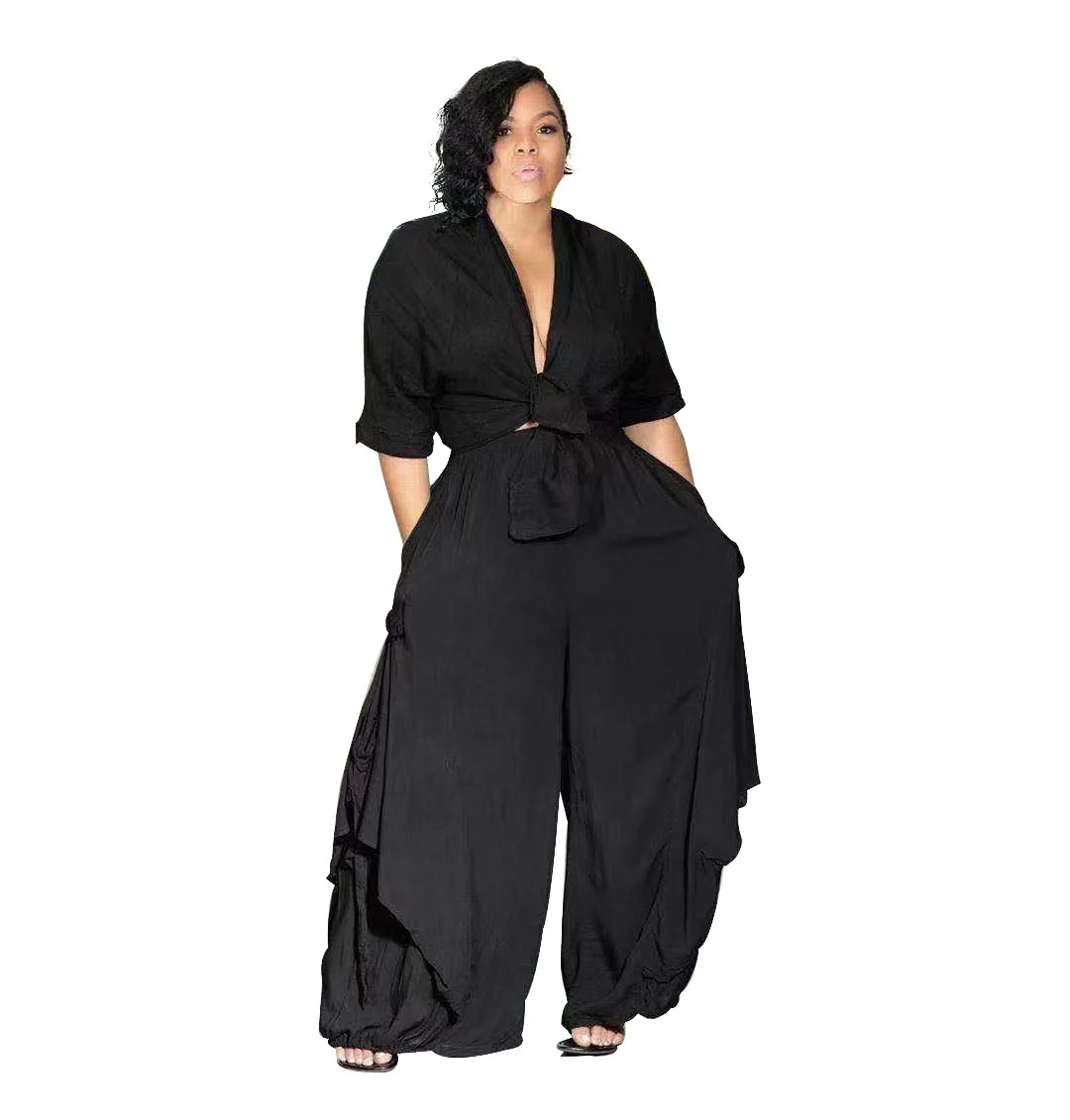 

B63419A Hot style plus size loose crop top sexy street style women two - piece set, Wine red/black