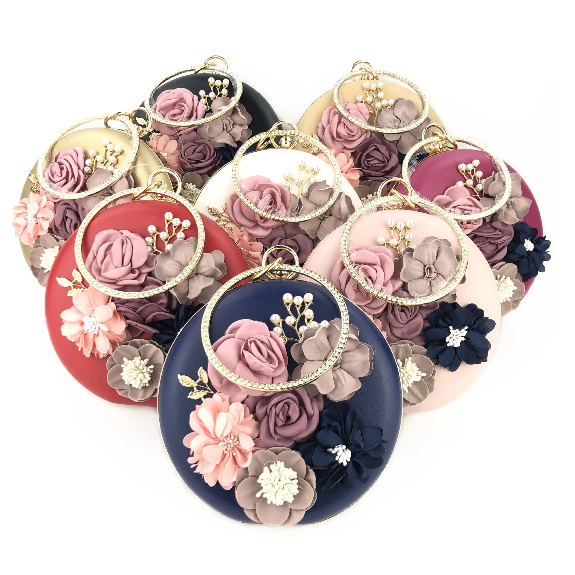 

New Handmade Fabric Flowers Evening Bag Luxury Wedding Bride Clutch Bag Pearl Party Handbag Mini Purses Wallet Round Bag