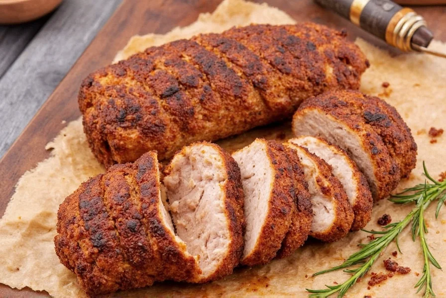 Sliced oven-roasted pork tenderloin with golden crust