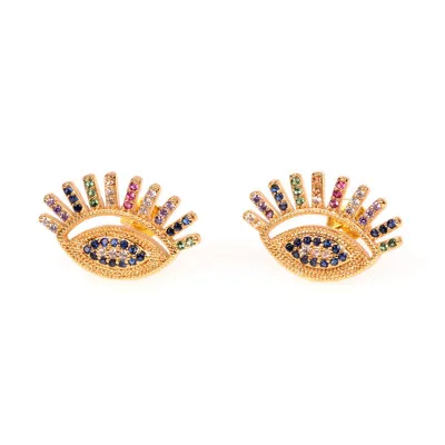 

Hot Selling Rainbow Cubic Zirconia Evil Eyes Stud Earrings Gold Plated Geometric Zirconia Evil Eyes Earrings