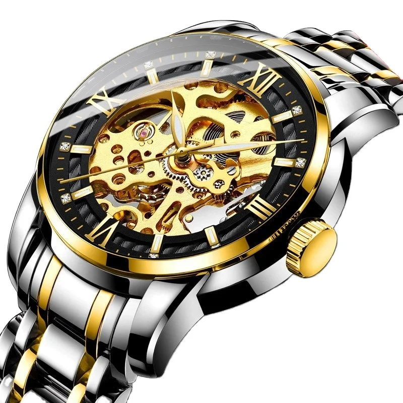 

2021 popular hollow-out private brand men's diamond business waterproof mechanical watch, 4 colors