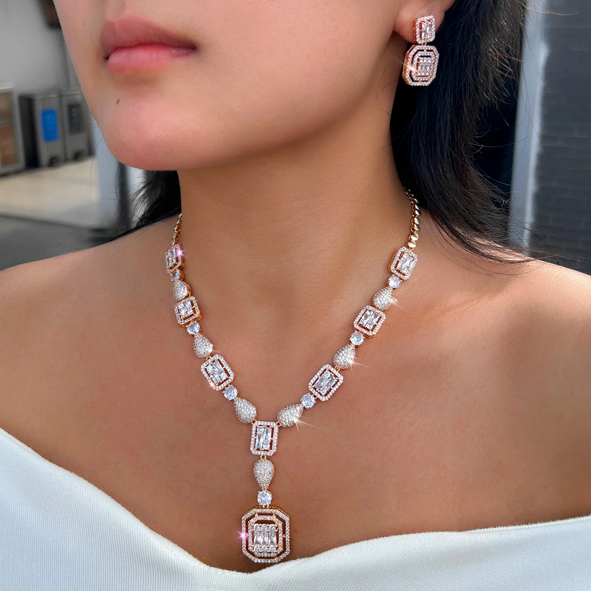 Elegant Cubic Zirconia Brazilian Gold Plated African Nigerian Necklace and Earrings Bridal Jewelry Sets for Women Wedding Party