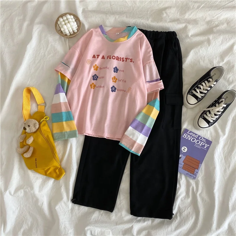 

2020 autumn fashion women outfit women's long-sleeved rainbow striped nine-point overalls fashion two piece set women clothing