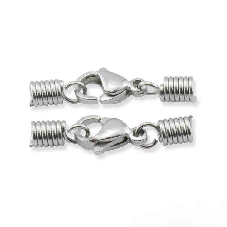 

S839 Mechanical spring shape silver stainless steel end with lobster clasp for leather cord