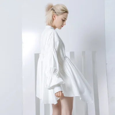2019 Autumn stand collar shirt dress high quality plain irregular casual dresses women bubble long sleeve dress for ladies